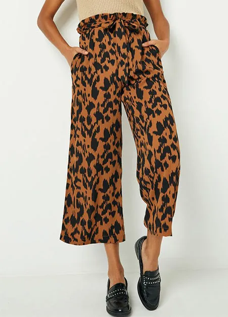 Animal Print Tie Waist Paperbag Wideleg Pants