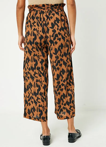 Animal Print Tie Waist Paperbag Wideleg Pants