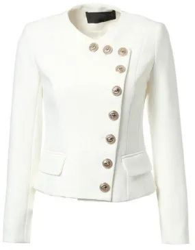 Asymmetric Lion-Head Button-Embellished Short Jacket in White