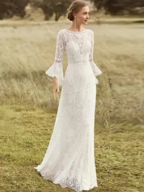 Beach Boho Wedding Dresses Court Train A-Line Long Sleeve Jewel Neck Lace With Lace