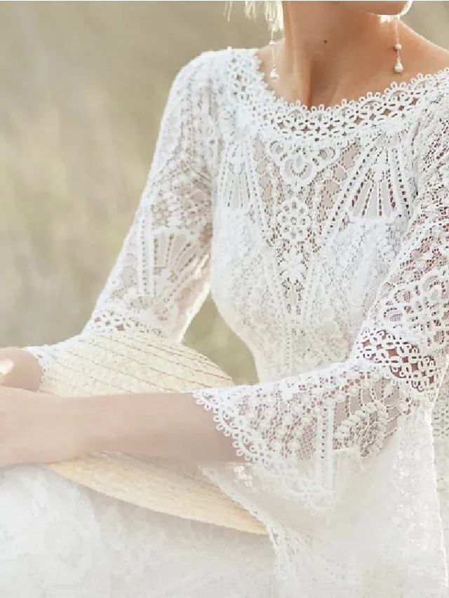 Beach Boho Wedding Dresses Court Train A-Line Long Sleeve Jewel Neck Lace With Lace