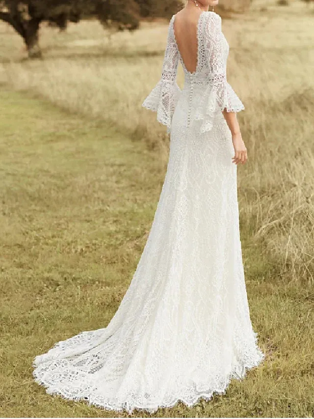 Beach Boho Wedding Dresses Court Train A-Line Long Sleeve Jewel Neck Lace With Lace