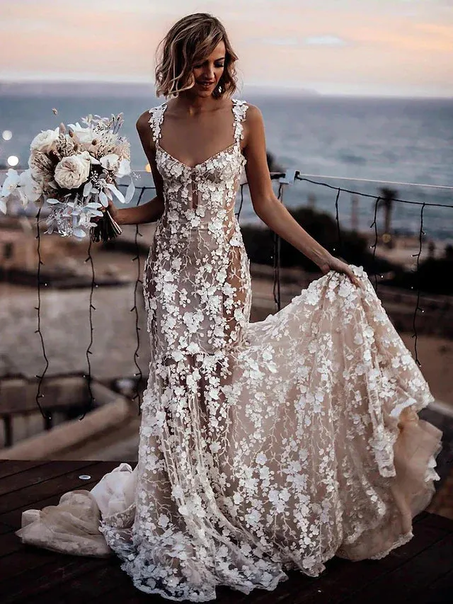 Beach Boho Wedding Dresses Mermaid / Trumpet Off Shoulder Cap Sleeve Court Train Lace Bridal Gowns With Appliques Solid Color Summer Wedding Party, Women's Clothing