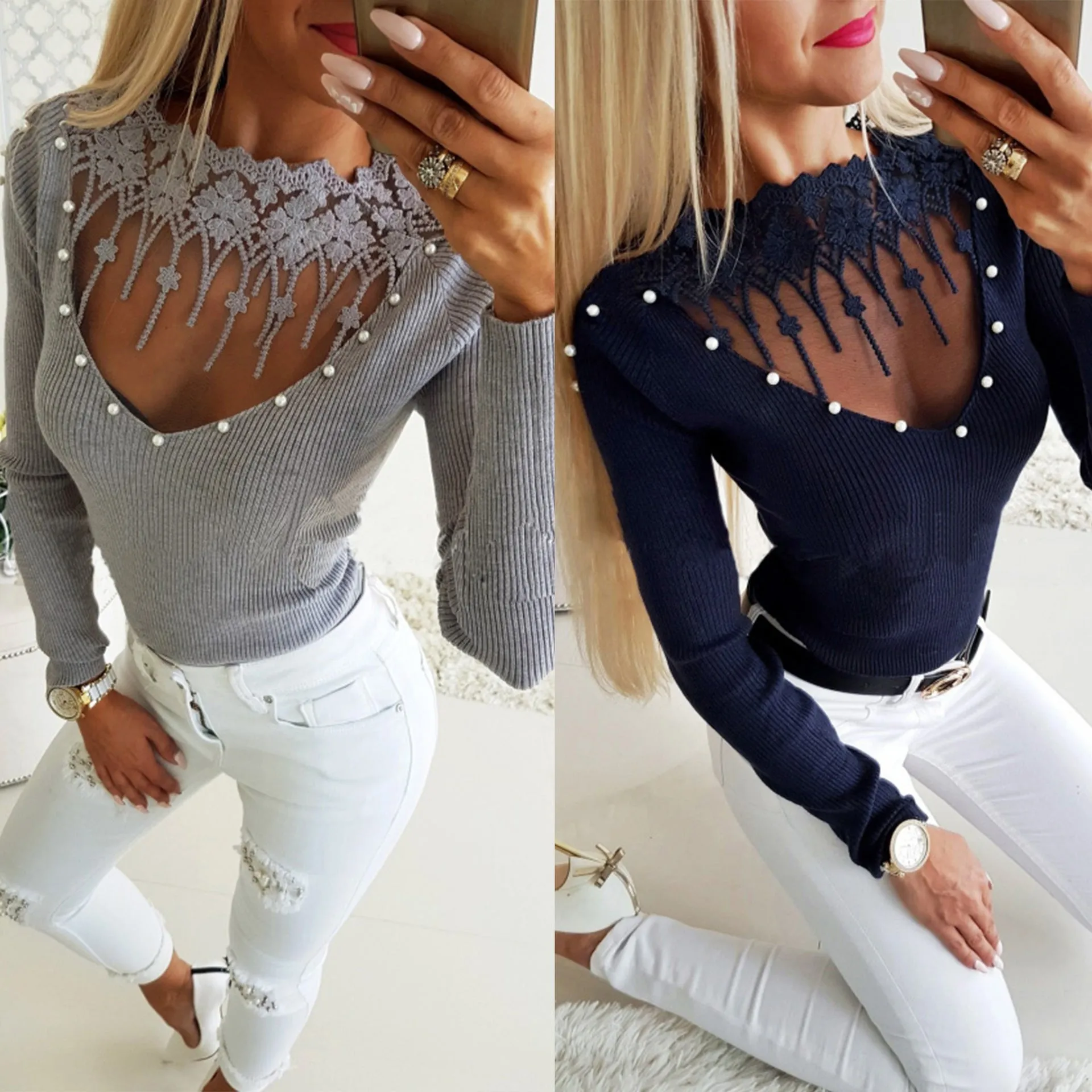 Beadings Transparent Sexy Women Slim Pullover Sweater