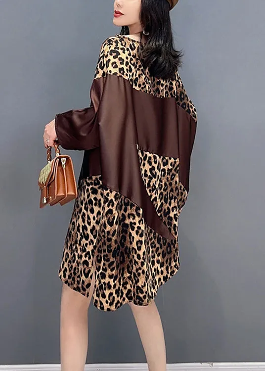 Beautiful Chocolate O-Neck Leopard Print Maxi Dresses Spring LC0355