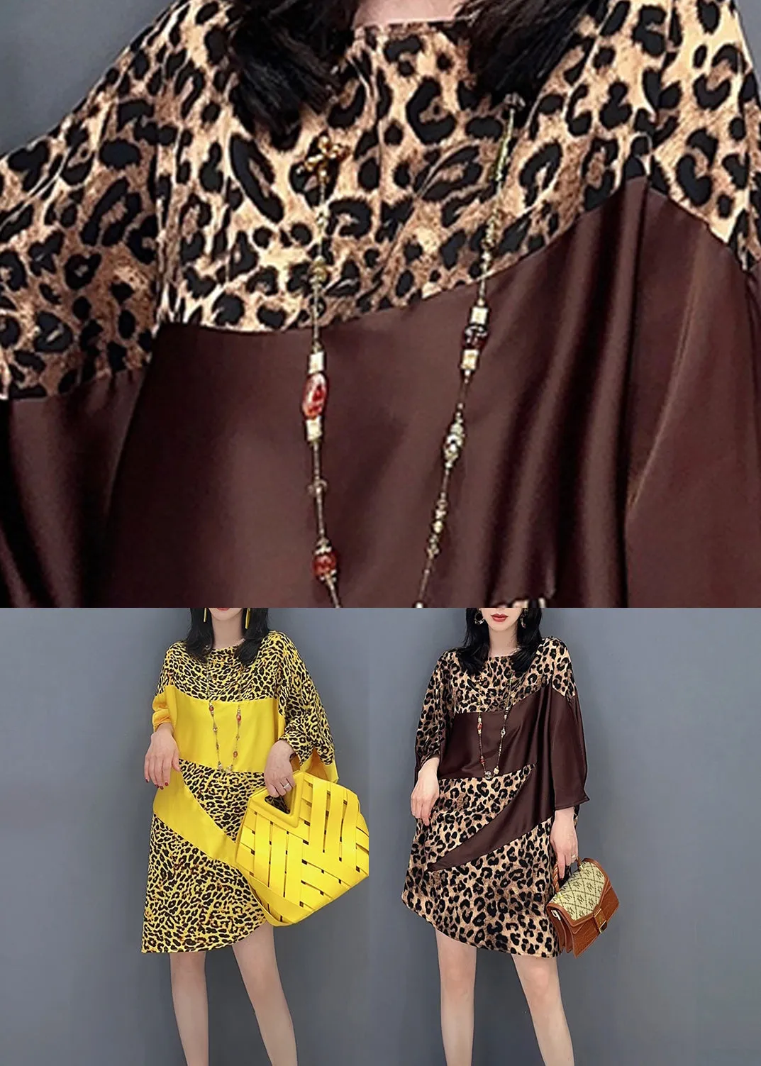 Beautiful Chocolate O-Neck Leopard Print Maxi Dresses Spring LC0355