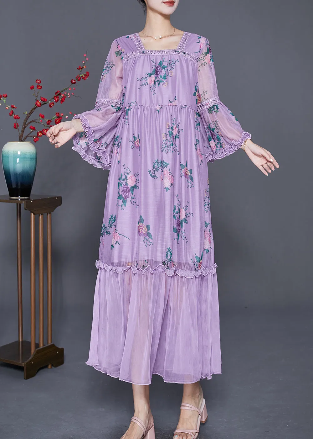 Beautiful Purple Square Collar Patchwork Ruffled Silk Dresses Summer LY7641