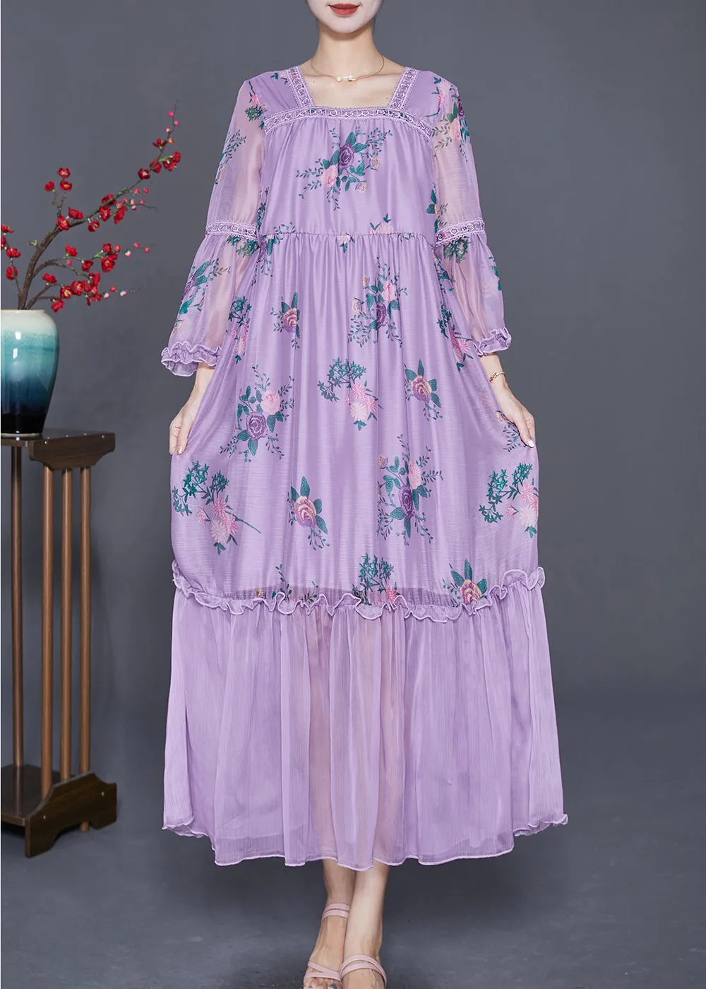 Beautiful Purple Square Collar Patchwork Ruffled Silk Dresses Summer LY7641