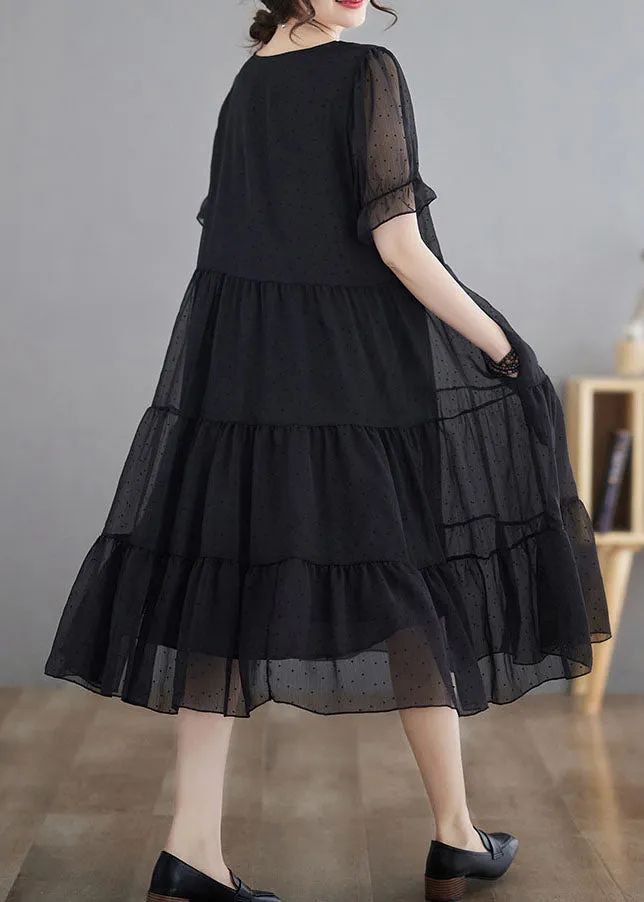 Black Dot Print Patchwork Chiffon Dresses V Neck Wrinkled Summer LY4013