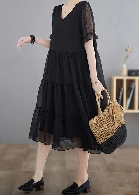 Black Dot Print Patchwork Chiffon Dresses V Neck Wrinkled Summer LY4013