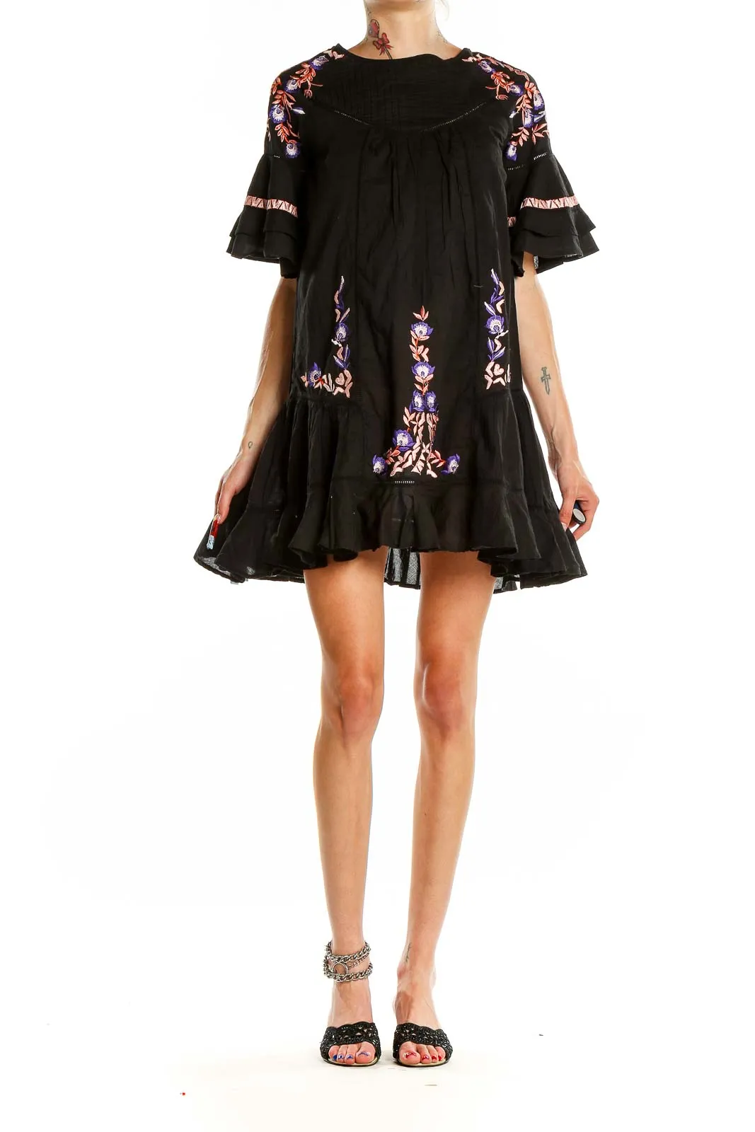 Black Embroidered Boho Mini Dress