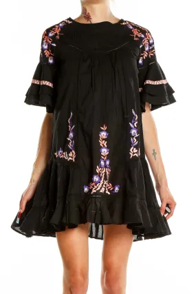 Black Embroidered Boho Mini Dress