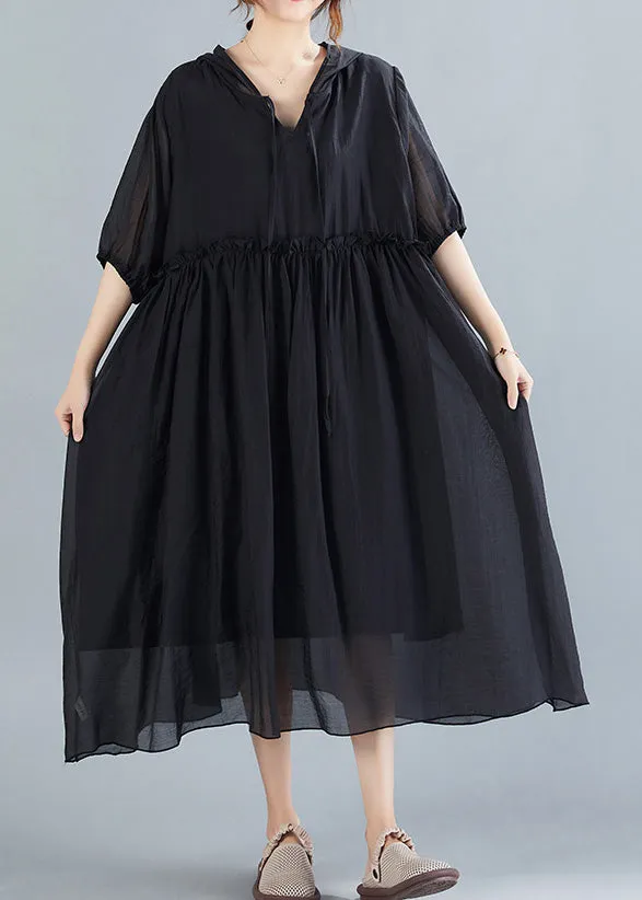 Black Neck Tie Ruffled Long Dresses Short Sleeve AC2016