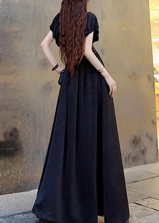 Black Wrinkled Pockets Patchwork Cotton Maxi Dresses V Neck Short Sleeve LY9130