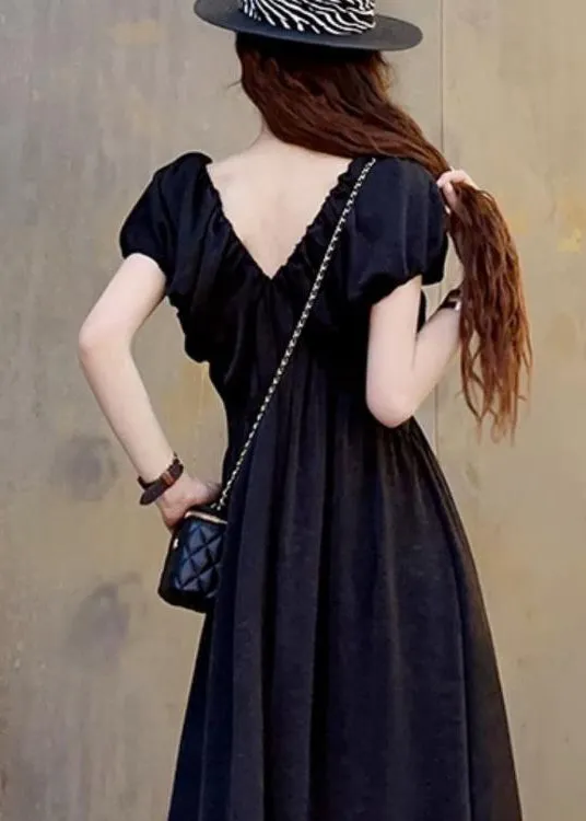 Black Wrinkled Pockets Patchwork Cotton Maxi Dresses V Neck Short Sleeve LY9130