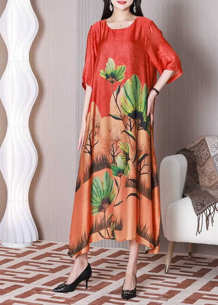 Bohemian Red Oversized Print Silk Maxi Dresses Half Sleeve LY3776