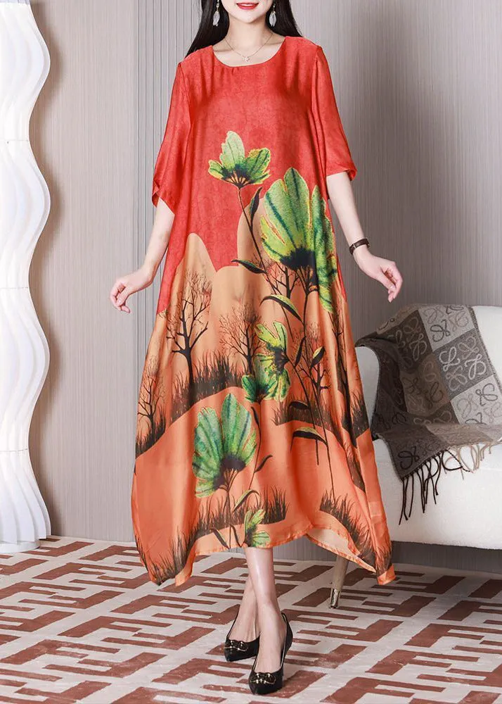 Bohemian Red Oversized Print Silk Maxi Dresses Half Sleeve LY3776