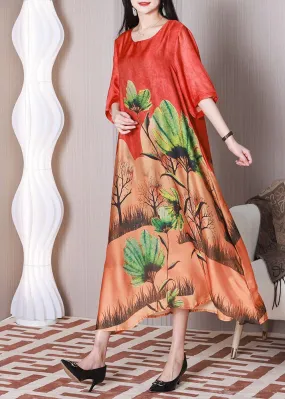 Bohemian Red Oversized Print Silk Maxi Dresses Half Sleeve LY3776