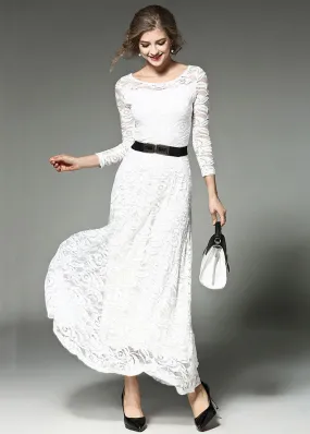 Bohemian White Hollow Out Embroideried Sashes Lace Long Dresses Summer LY7365