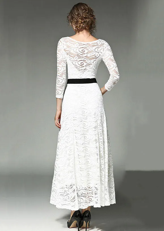 Bohemian White Hollow Out Embroideried Sashes Lace Long Dresses Summer LY7365