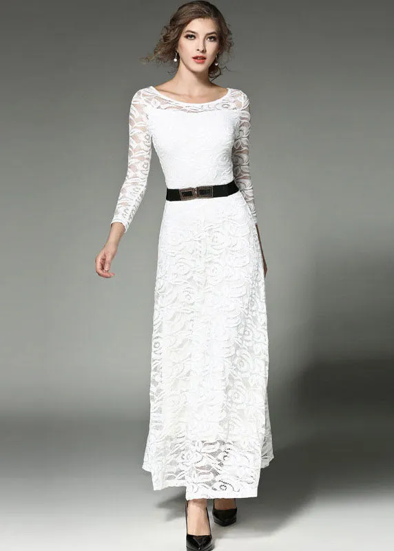 Bohemian White Hollow Out Embroideried Sashes Lace Long Dresses Summer LY7365