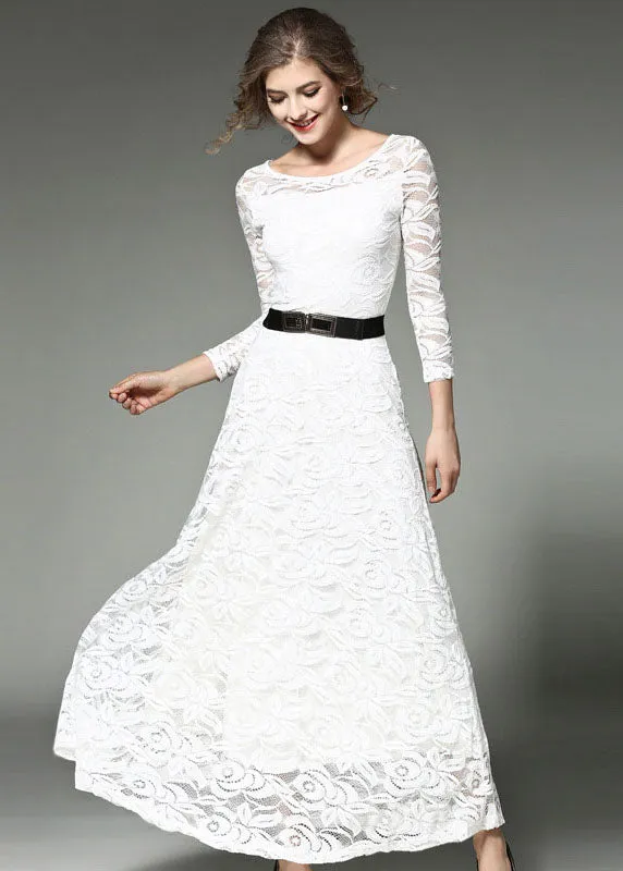 Bohemian White Hollow Out Embroideried Sashes Lace Long Dresses Summer LY7365