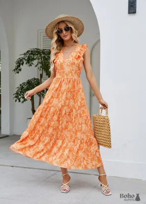 Boho Casual V-neck Floral Sleeveless Midi Dress Zoe