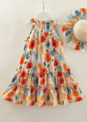 Boho O Neck Ruffled Print Cotton Girls Dresses Sleeveless EW042