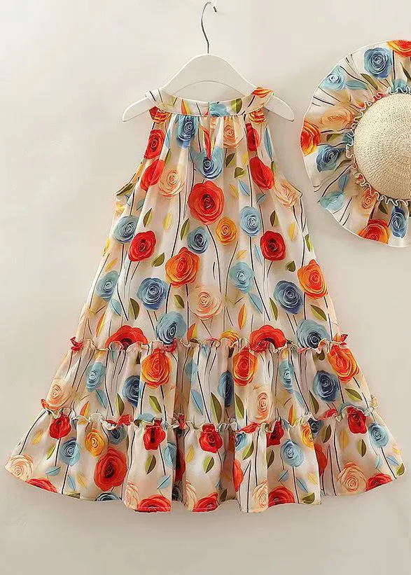 Boho O Neck Ruffled Print Cotton Girls Dresses Sleeveless EW042