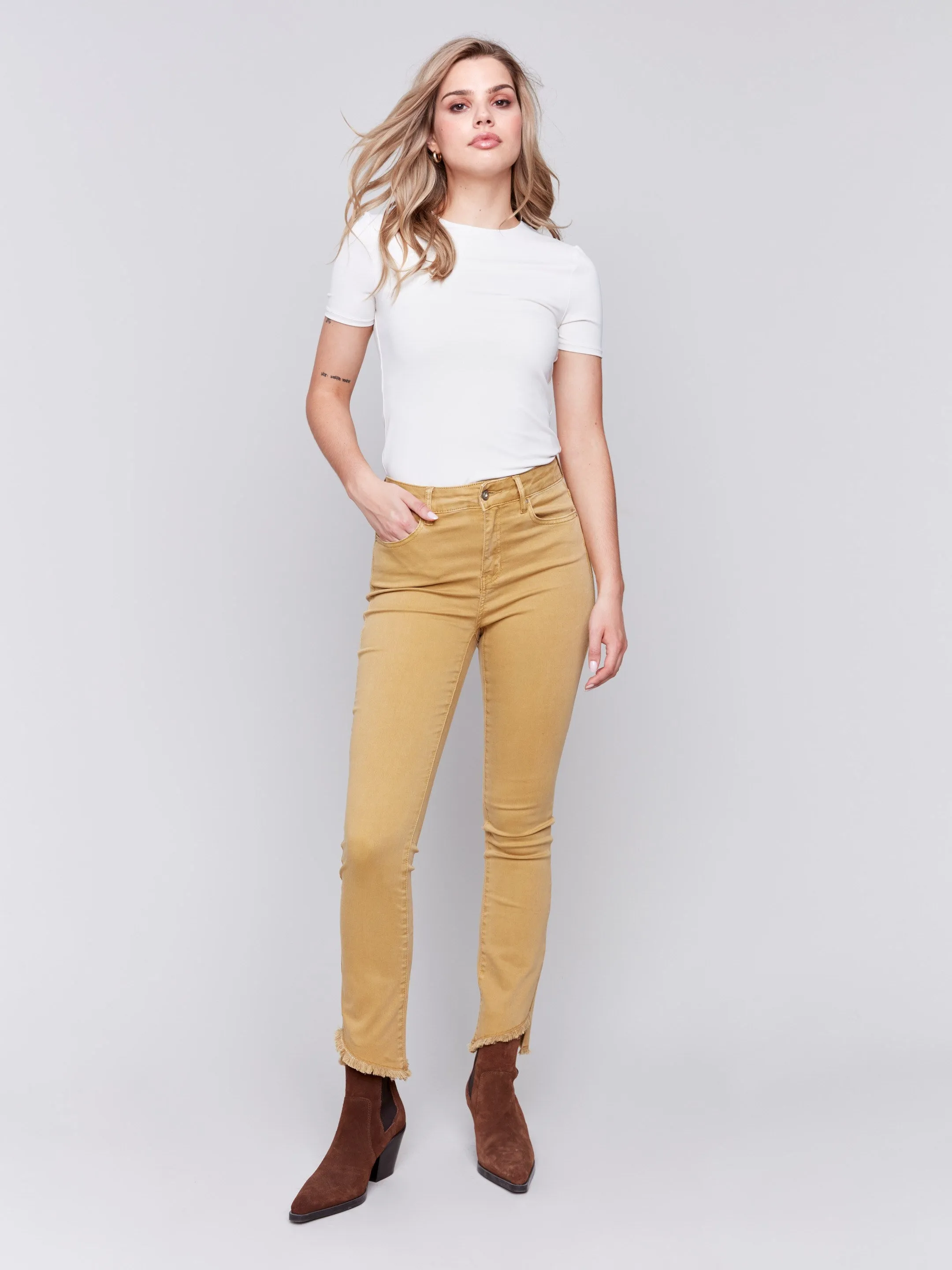 Bootcut Twill Pants with Asymmetrical Hem - Amber