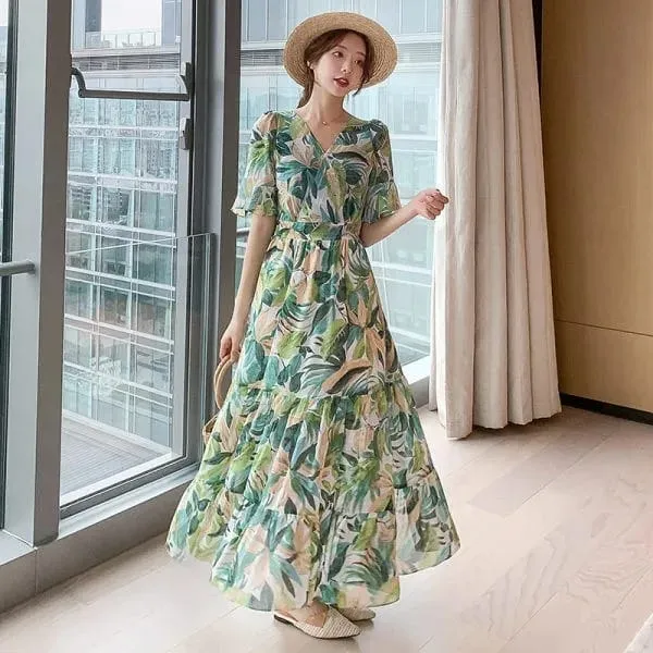 Chic Boho Printing Beach Dress Vintage Flower Women Party Slim Print Long Casual Korean Style Dresses Bohemian Clothing L S3823727