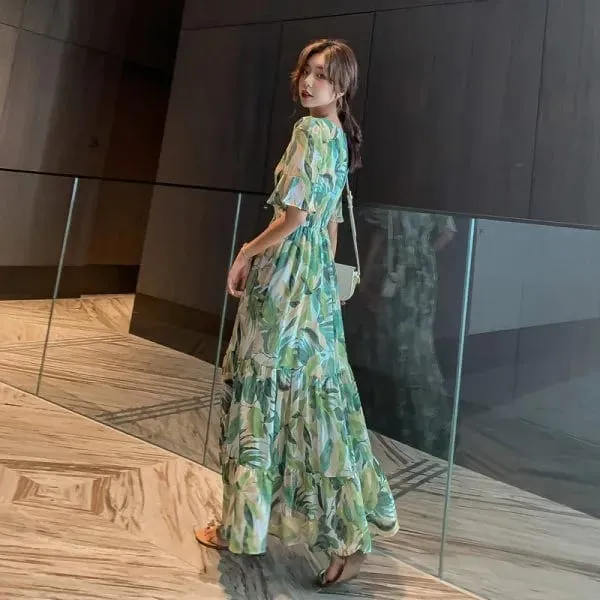 Chic Boho Printing Beach Dress Vintage Flower Women Party Slim Print Long Casual Korean Style Dresses Bohemian Clothing L S3823727