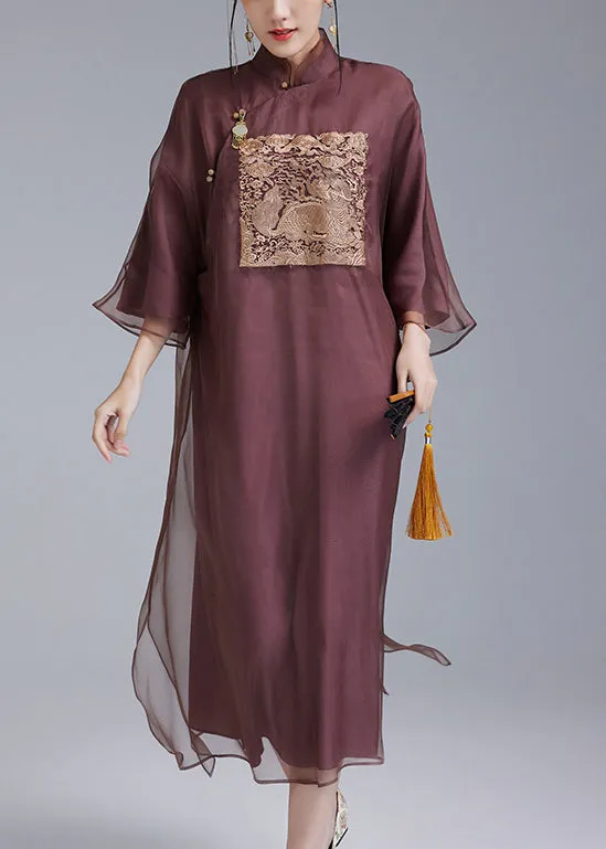 Chinese Style Dark Purple Embroidered Button Silk Dresses Spring QA1011