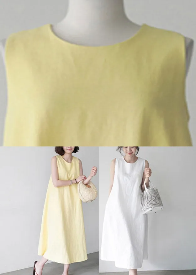 Cute Yellow O-Neck Solid Long Slip Dresses Summer LY1997