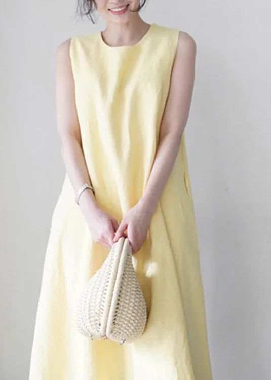 Cute Yellow O-Neck Solid Long Slip Dresses Summer LY1997