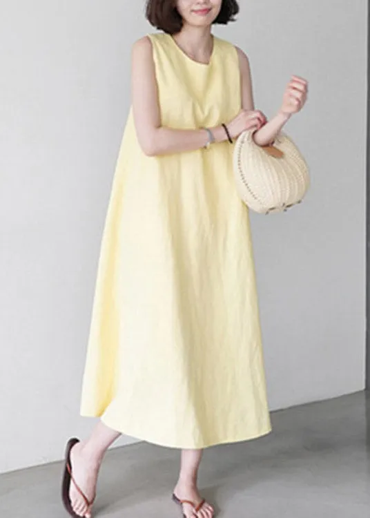 Cute Yellow O-Neck Solid Long Slip Dresses Summer LY1997