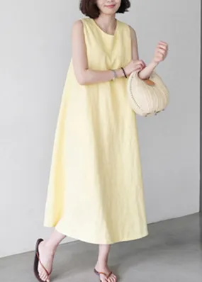 Cute Yellow O-Neck Solid Long Slip Dresses Summer LY1997