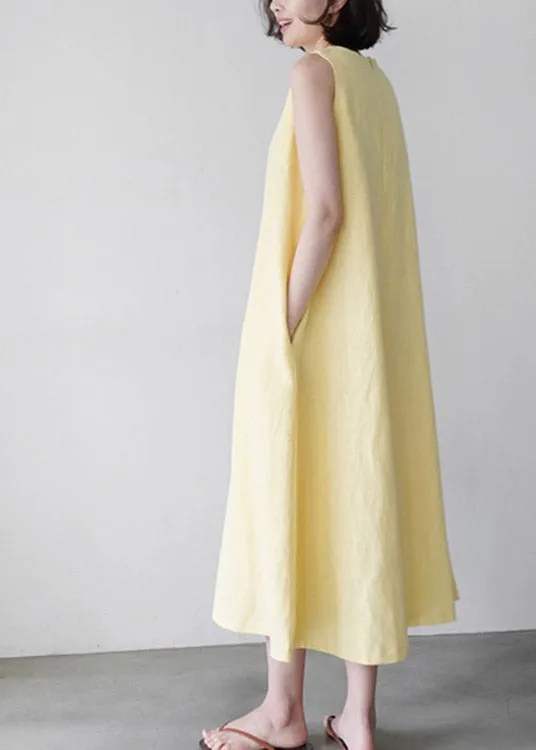 Cute Yellow O-Neck Solid Long Slip Dresses Summer LY1997