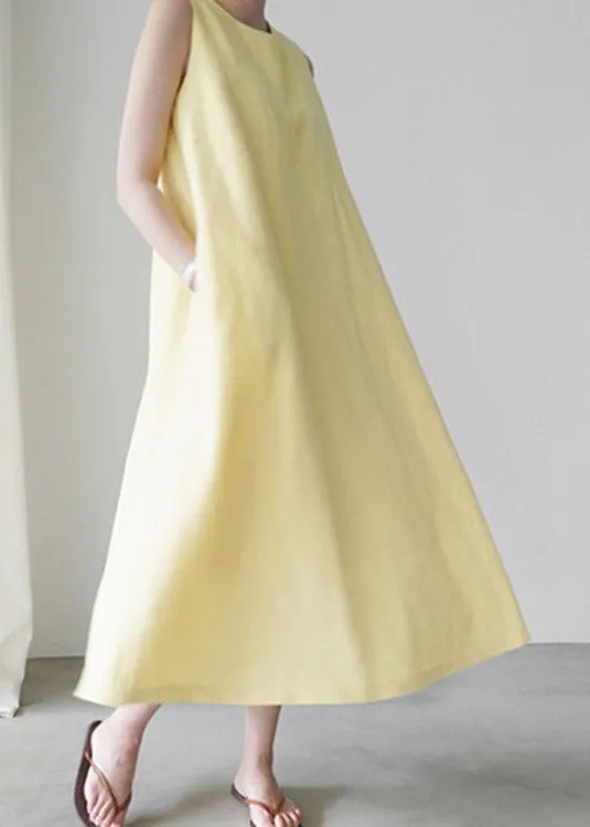 Cute Yellow O-Neck Solid Long Slip Dresses Summer LY1997