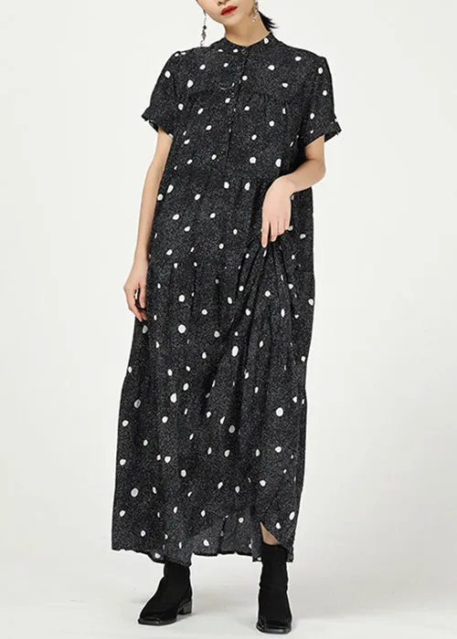 Elegant Black Stand Collar Print Cotton Dresses Short Sleeve AA1062