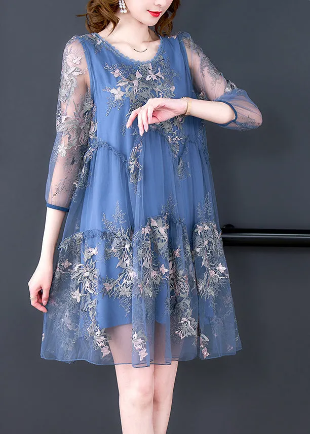 Elegant Blue O-Neck Embroideried Patchwork Tulle Vacation Dresses Half Sleeve