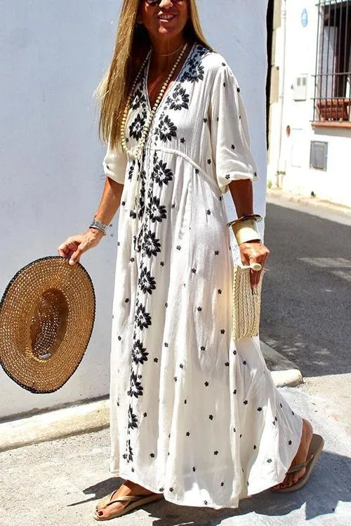 Embroidery V Neck Long Sleeve Maxi Dress