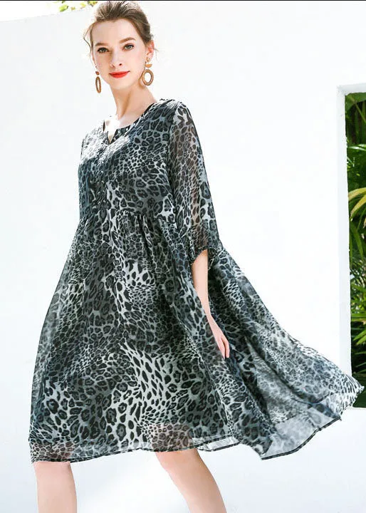 Fine Grey Oversized Leopard Print Chiffon Maxi Dresses Summer LY0336