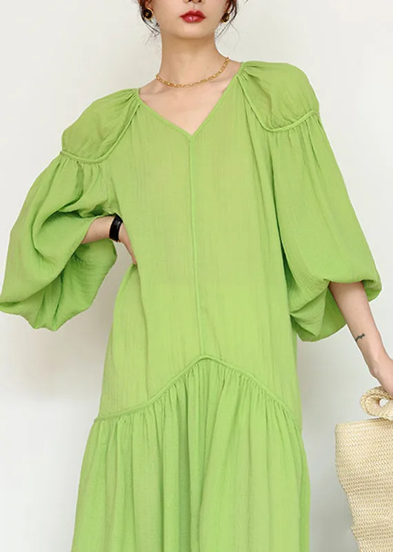 FLYTONN- Organic Green V Neck Wrinkled Patchwork Long Dresses Lantern Sleeve UU1039