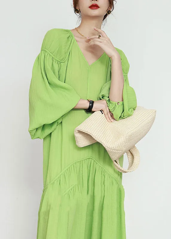 FLYTONN- Organic Green V Neck Wrinkled Patchwork Long Dresses Lantern Sleeve UU1039