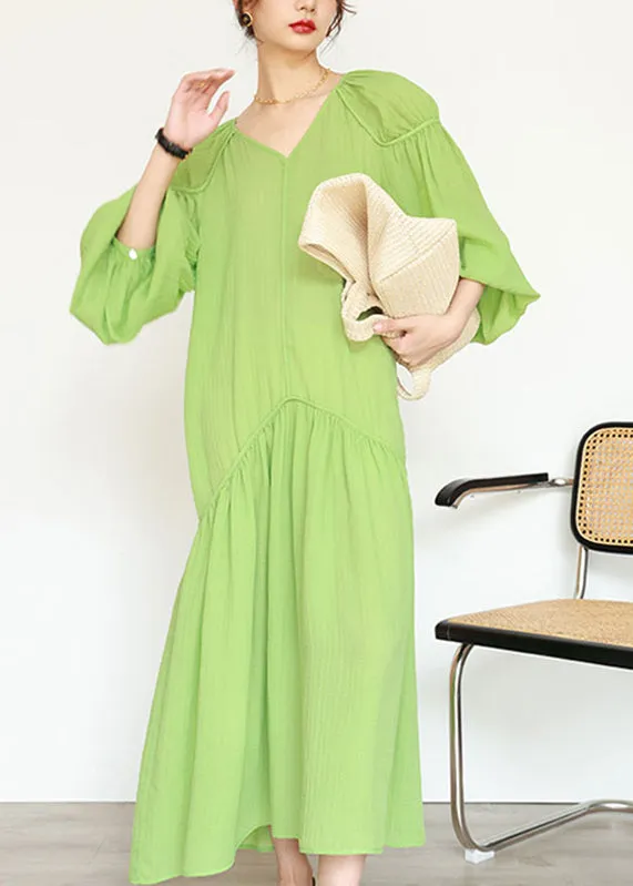 FLYTONN- Organic Green V Neck Wrinkled Patchwork Long Dresses Lantern Sleeve UU1039