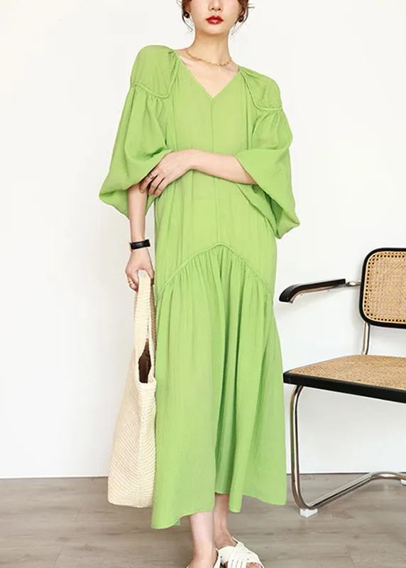 FLYTONN- Organic Green V Neck Wrinkled Patchwork Long Dresses Lantern Sleeve UU1039