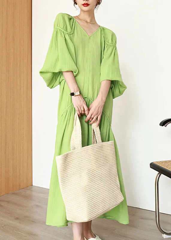 FLYTONN- Organic Green V Neck Wrinkled Patchwork Long Dresses Lantern Sleeve UU1039