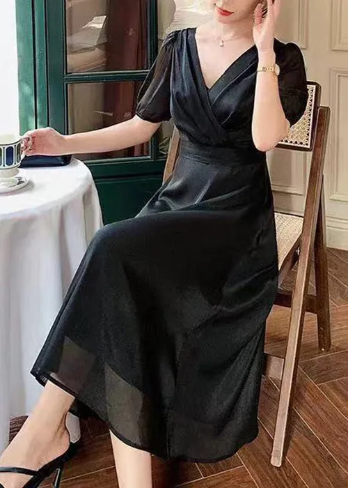 French Black V Neck Solid Silk Long Dresses Summer XX003