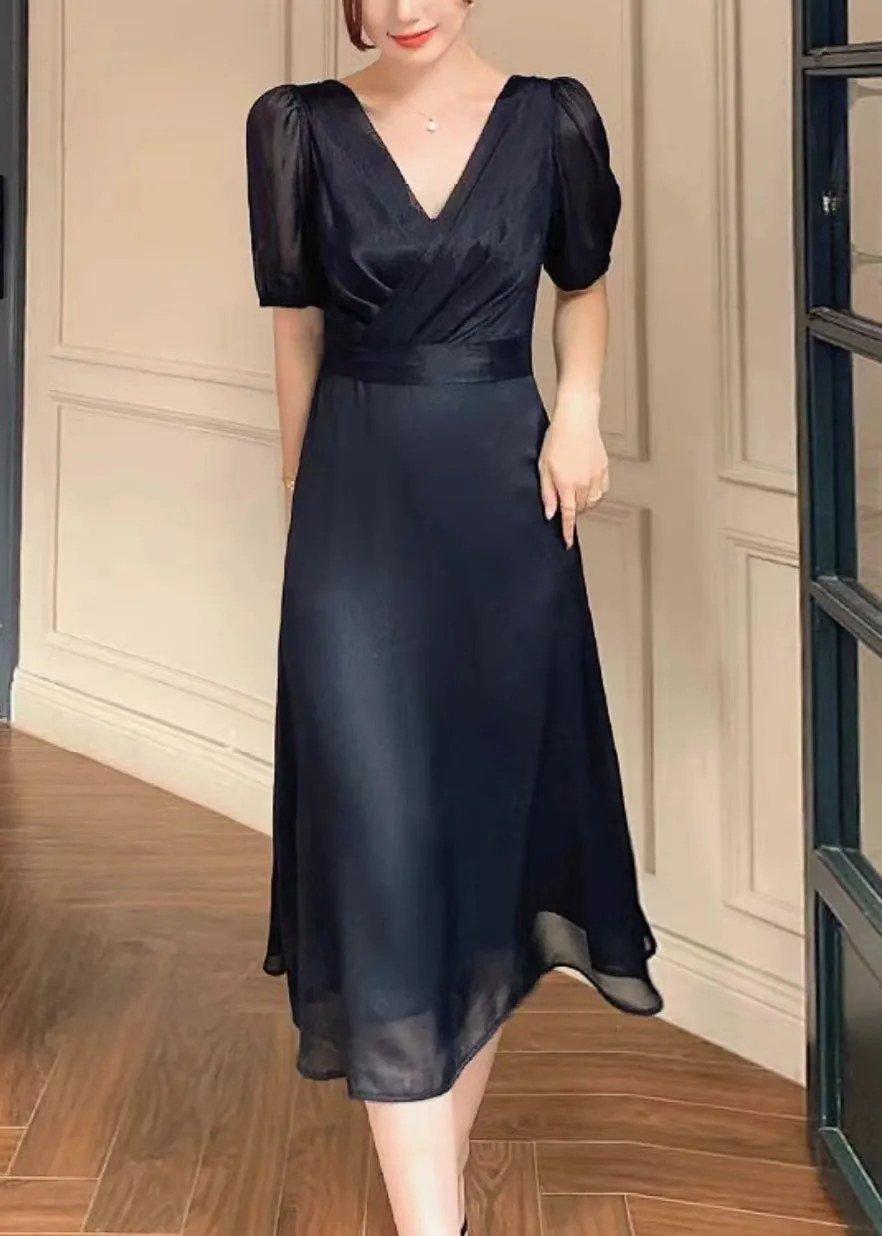 French Black V Neck Solid Silk Long Dresses Summer XX003